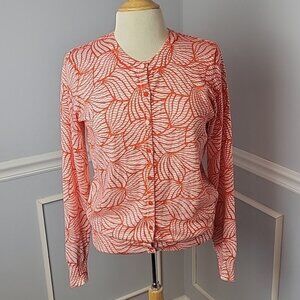 COVINGTON Orange White Abstract Button Crewneck Office Casual Cardigan Sweater L